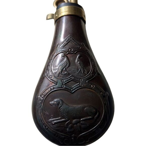 Antique Civil War Dog & Bird Horn Flask Embossed Copper Powder Flask - Picture 4 of 6